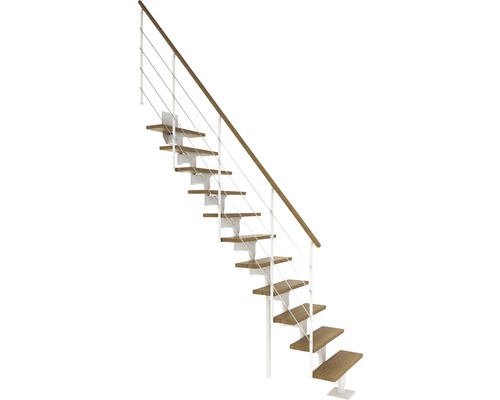 Escalier à crémaillère Pertura Hera blanc droit 73,5 cm garde-corps à barres horizontales chêne lamellé-collé verni 11 marches/12 pas de marche