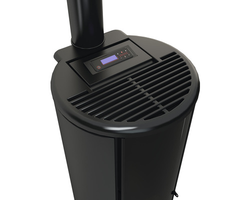 Vue détaillée d''un poêle à pellets noir avec éléments de commande