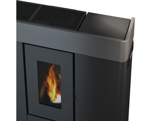 Vue détaillée d''un poêle à granulés avec des flammes