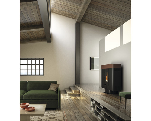 Salon avec poêle à granulés, canapé et plafond à poutres apparentes pour une ambiance chaleureuse.