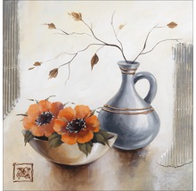 Peinture avec des fleurs dans un bol et un vase avec des branches