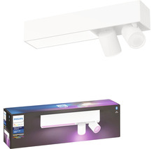 Philips Hue White and Color Ambiance LED Deckenleuchte mit zwei Strahlern und Produktverpackung