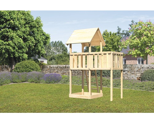 Karibu Kinderspielturm "Lotti" Satteldach SET aus nordischer Fichte, naturbelassen mit Anbau-0