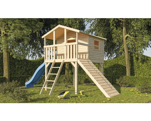 Karibu Maison sur pilotis "Benjamin" SET en épicéa nordique, naturel avec rampe en bois, toboggan 3m bleu