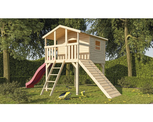 Karibu Maison sur pilotis Benjamin épicéa incl. rampe en bois et toboggan 3 m rouge