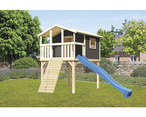 Karibu Maison sur pilotis "Benjamin" SET en épicéa nordique, gris terra avec rampe en bois, toboggan 3m bleu