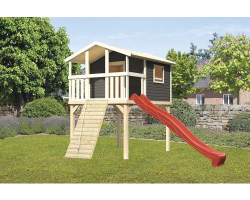 Karibu Maison sur pilotis Benjamin épicéa gris terra incl. rampe en bois et toboggan 3m rouge