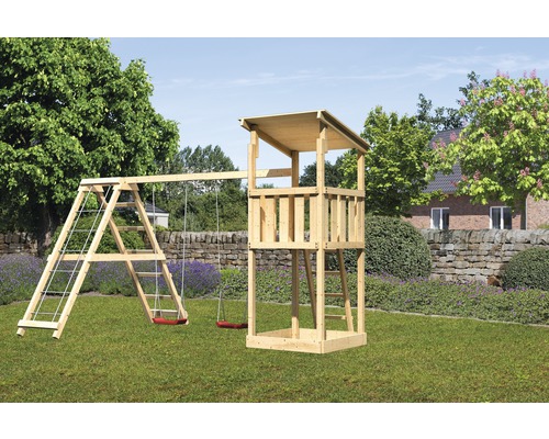 Tour de jeux Karibu toit en appentis Anna épicéa avec balançoire double et portique d'escalade Tour de jeux Karibu toit en appentis Anna épicéa avec balançoire double et portique d'escalade