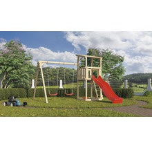 Aire de jeux avec balançoire, toboggan et tour de jeu dans le jardin