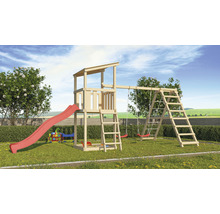 Aire de jeux avec balançoire, toboggan et structure d''escalade dans le jardin