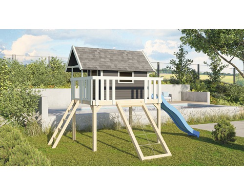 Karibu Maison sur pilotis Fidel épicéa gris terra avec toboggan ondulé 3m bleu et rampe de filet