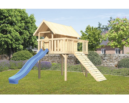 Karibu Maison sur pilotis Fidel épicéa avec toboggan ondulé 3 m bleu et rampe en bois