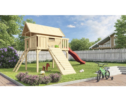 Karibu Maison sur pilotis Fidel épicéa incl. toboggan ondulé 3 m rouge et rampe en bois