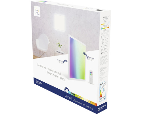 Verpackung einer Möller Licht Loris LED-Panel Leuchte, 45 x 45 cm
