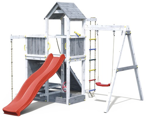 Tour de jeux Play 009 Marimex bois métal gris blanc avec toboggan, 1 balançoire, longue-vue, corde à grimper, échelle, prises d'escalade