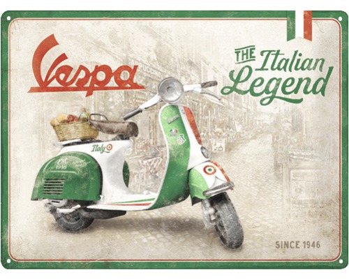 Panneau métallique avec motif Vespa, inscription : The Italian Legend