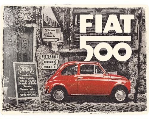 Tableau mural décoratif avec motif Fiat 500, tableau de menu de restaurant et scène de rue
