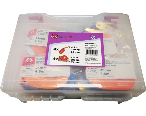 Mamutec Zurrgurtset 4,5 m 8 Stück orange Zurrgurte Set im transparenten Kunststoffkoffer