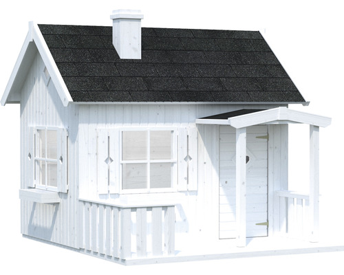 Maisonnette blanche avec bardeaux de toit, fenêtres et porte