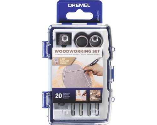 Dremel Set de travail du bois avec 20 accessoires dans une mallette de rangement transparente