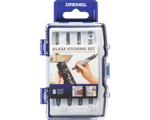 Ensemble de gravure sur verre Dremel avec huit accessoires dans une boîte de rangement