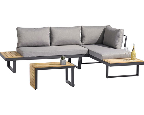 Loungeset Gartenlounge Lounge Sitzgruppe Olympia Aluminium 4 Sitzer 2 teilig alu Eckloungegruppe mit Couchtisch und Holzablagen