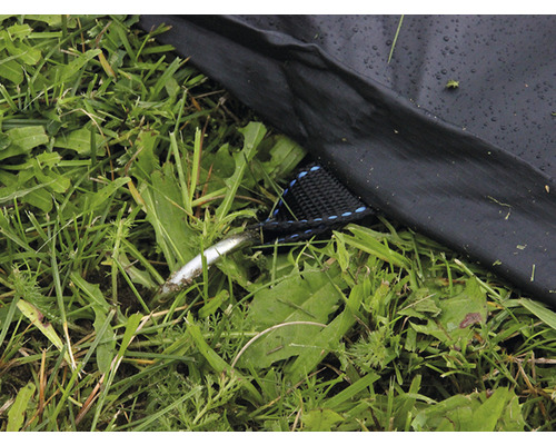 Gros plan d''un piquet de tente, d''un hauban et du fond de la tente dans l''herbe
