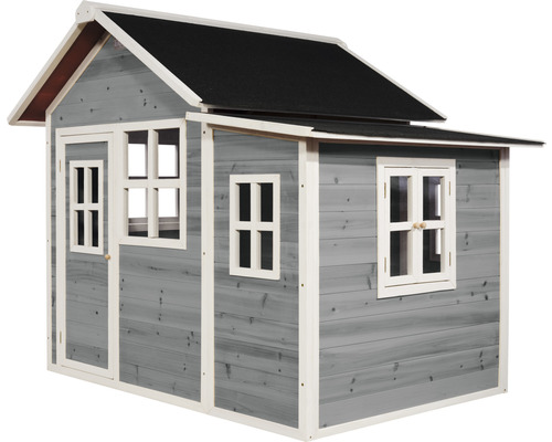 Graues Holzspielhaus mit schwarzem Dach und weissen Fensterrahmen