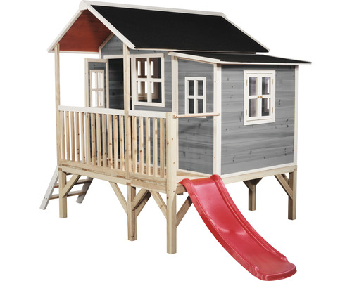 Holzspielhaus mit Rutsche und Geländer