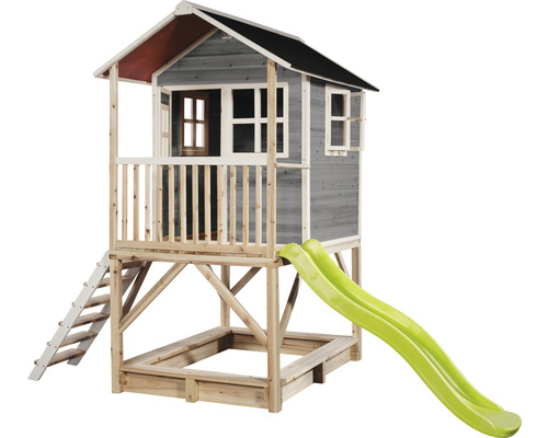 Cabane de jeux en bois avec toboggan et bac à sable