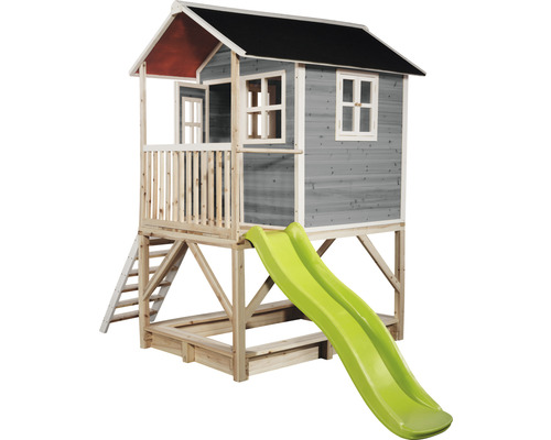 Maisonnette avec toboggan et bac à sable en bois