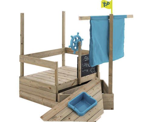 Bateau de jeu en bois avec gouvernail, voile et tableau noir