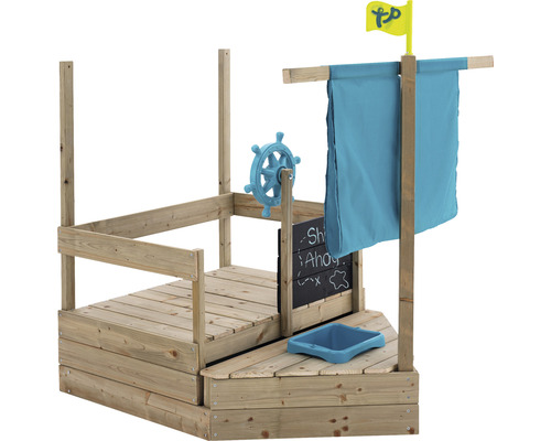 Bateau de jeu en bois avec gouvernail, tableau et drapeau