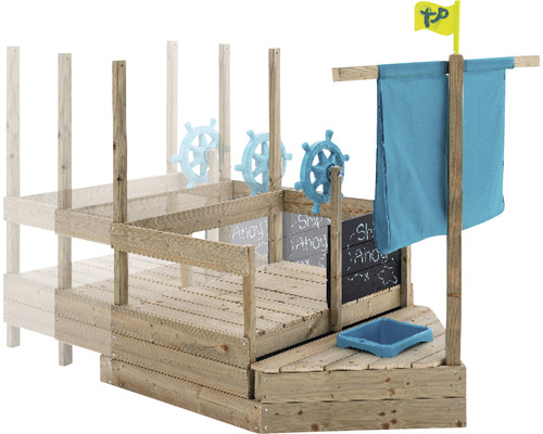 Aire de jeux en bois en forme de bateau avec volant, drapeau et tableau noir