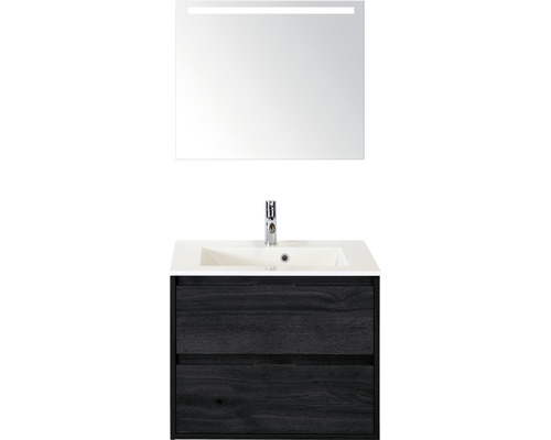 Ensemble de meubles de salle de bains Porto 70 cm pierre synthétique lavabo avec miroir avec éclairage black oak