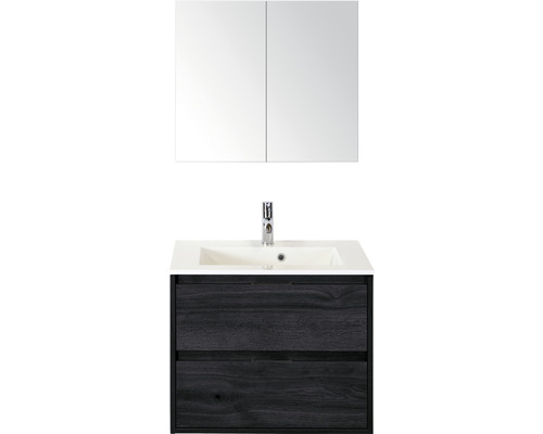 Set de meubles de salle de bains sanox Porto 70 cm black oak 3 pièces meuble bas avec lavabo en fonte minérale et armoire à miroir