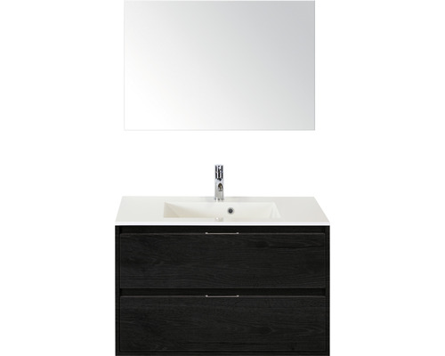 Set de meubles de salle de bains sanox Porto 90 cm black oak 3 pièces meuble bas avec lavabo en fonte minérale et miroir