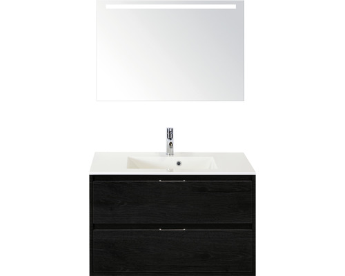 Set de meubles de salle de bains sanox Porto 90 cm black oak 3 pièces meuble bas avec lavabo en fonte minérale et miroir LED