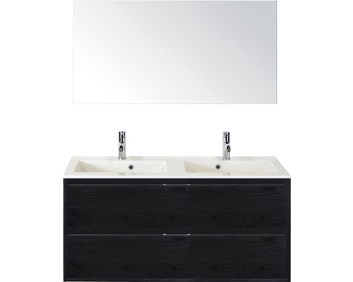 Set de meubles de salle de bains sanox Porto 120 cm black oak 3 pièces meuble bas avec lavabo double en fonte minérale et miroir