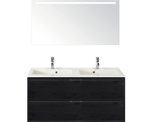 Ensemble de meubles de salle de bains Porto 120 cm 2 tiroirs pierre synthétique lavabo avec miroir avec éclairage black oak
