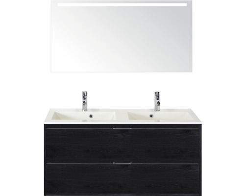 Set de meubles de salle de bains sanox Porto 120 cm black oak 3 pièces meuble avec avec lavabo double en fonte minérale et miroir LED