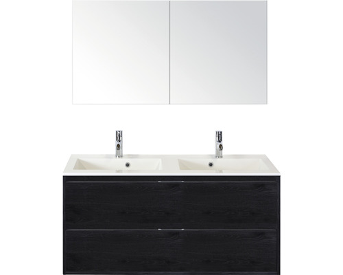 Ensemble de meubles de salle de bains Sanox Porto couleur de façade black oak lxhxp 120 x 75 x 52 cm avec double vasque en fonte minérale et armoire de toilette