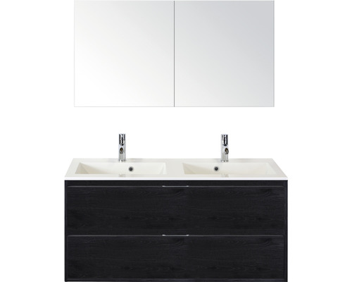 Set de meubles de salle de bains sanox Porto 120 cm black oak 3 pièces meuble bas avec lavabo double en fonte minérale et armoire à miroir