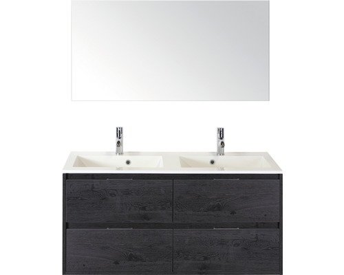 Ensemble de meubles de salle de bains Sanox Porto couleur de façade black oak lxhxp 120 x 75 x 52 cm avec double vasque en fonte minérale et miroir