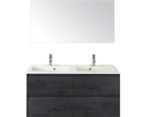 Set de meubles de salle de bains sanox Porto 120 cm black oak 3 pièces meuble bas avec lavabo double en fonte minérale et miroir