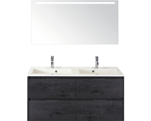 Ensemble de meubles de salle de bains Porto 120 cm 4 tiroirs pierre synthétique lavabo avec miroir avec éclairage black oak