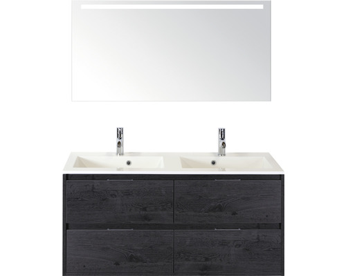 Set de meubles de salle de bains sanox Porto 120 cm black oak 3 pièces meuble avec avec lavabo double en fonte minérale et miroir LED