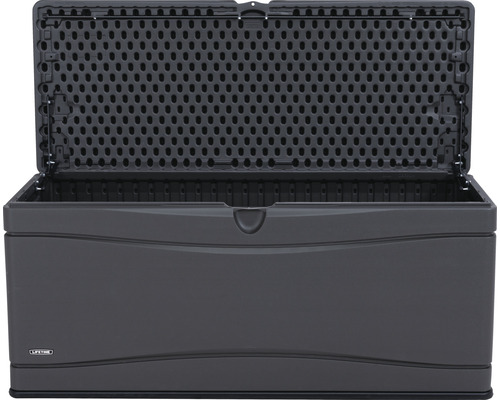 Geöffnete graue Aufbewahrungsbox aus Kunststoff für den Außenbereich