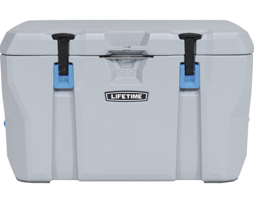 Graue Kühlbox mit einem Fassungsvermögen von 77 Litern und Lifetime Logo.