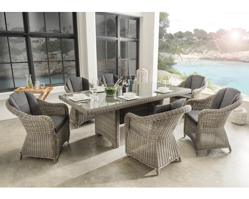 Sitzgruppe Destiny MALAGA LUNA 6 Sessel + Tisch 200x100x75cm, vintage grau Esstischgruppe für den Aussenbereich mit sechs Korbstühlen und einem Tisch mit Glasplatte